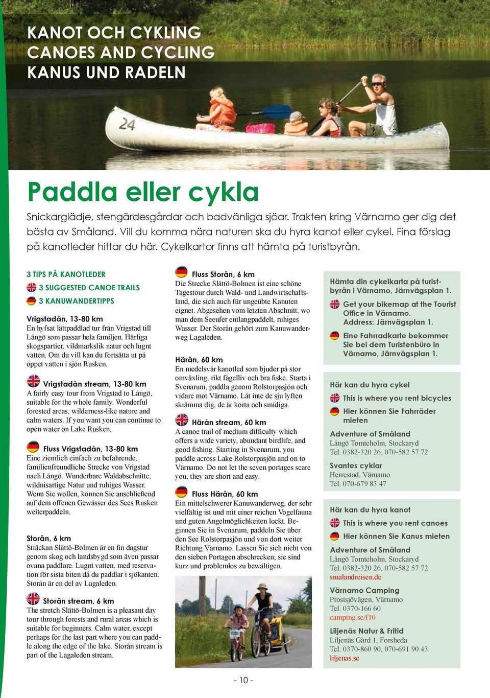 3 TIPS PÅ KANOTLEDER 3 SUGGESTED CANOE TRAILS 3 KANUWANDERTIPPS Vrigstadån, 3-80 km En hyfsat lättpaddlad tur från Vrigstad till Långö som passar hela familjen.