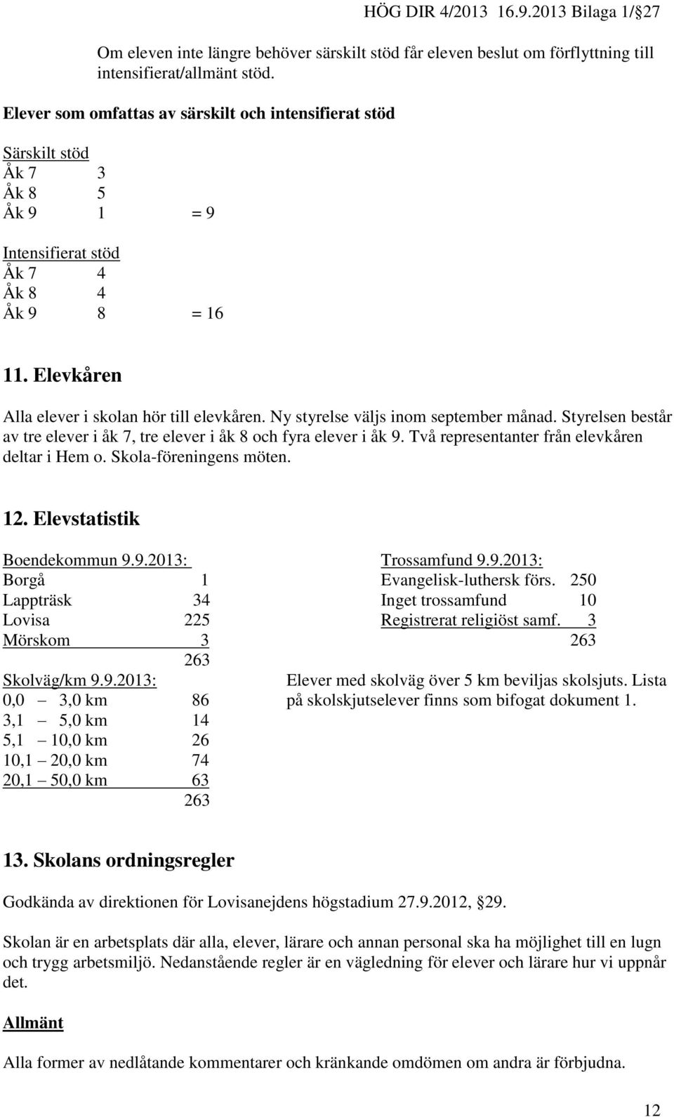 Ny styrelse väljs inom september månad. Styrelsen består av tre elever i åk 7, tre elever i åk 8 och fyra elever i åk 9. Två representanter från elevkåren deltar i Hem o. Skola-föreningens möten. 12.