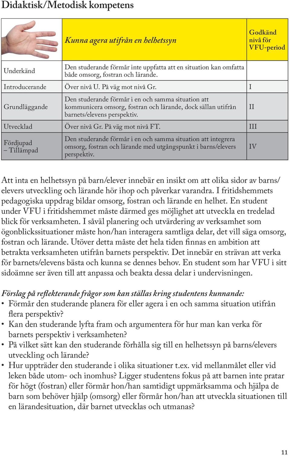 På väg mot nivå FT. III Den studerande förmår i en och samma situation att integrera omsorg, fostran och lärande med utgångspunkt i barns/elevers perspektiv.