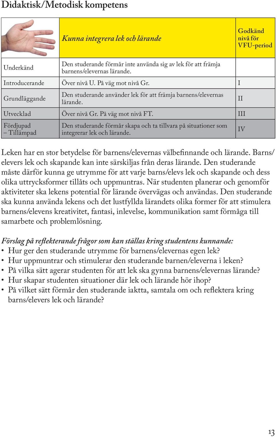 III Den studerande förmår skapa och ta tillvara på situationer som integrerar lek och lärande. Leken har en stor betydelse för barnens/elevernas välbefinnande och lärande.
