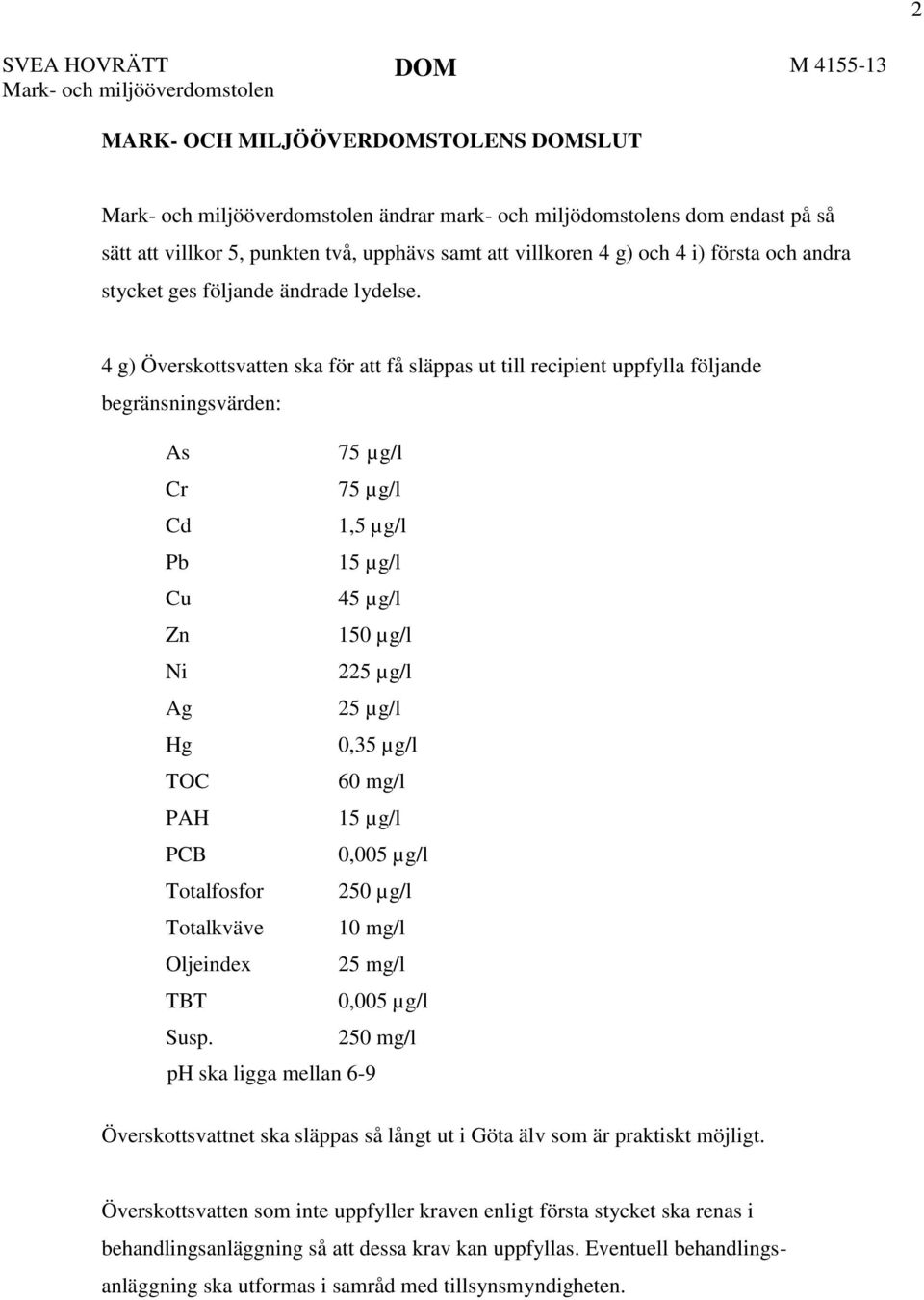 4 g) Överskottsvatten ska för att få släppas ut till recipient uppfylla följande begränsningsvärden: As 75 µg/l Cr 75 µg/l Cd 1,5 µg/l Pb 15 µg/l Cu 45 µg/l Zn 150 µg/l Ni 225 µg/l Ag 25 µg/l Hg 0,35