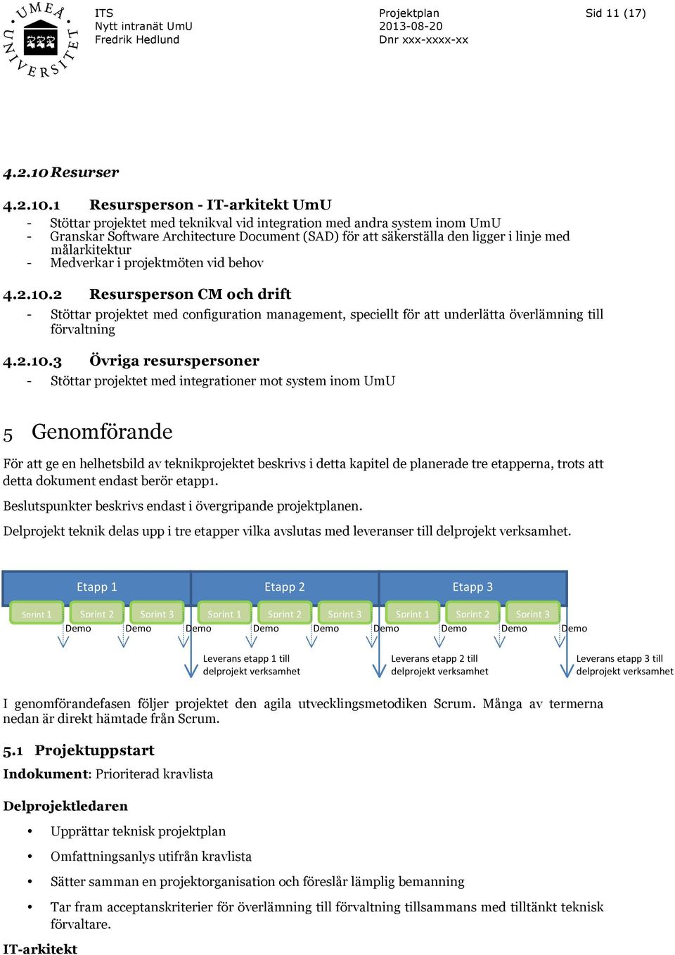 1 Resursperson - IT-arkitekt UmU - Stöttar projektet med teknikval vid integration med andra system inom UmU - Granskar Software Architecture Document (SAD) för att säkerställa den ligger i linje med