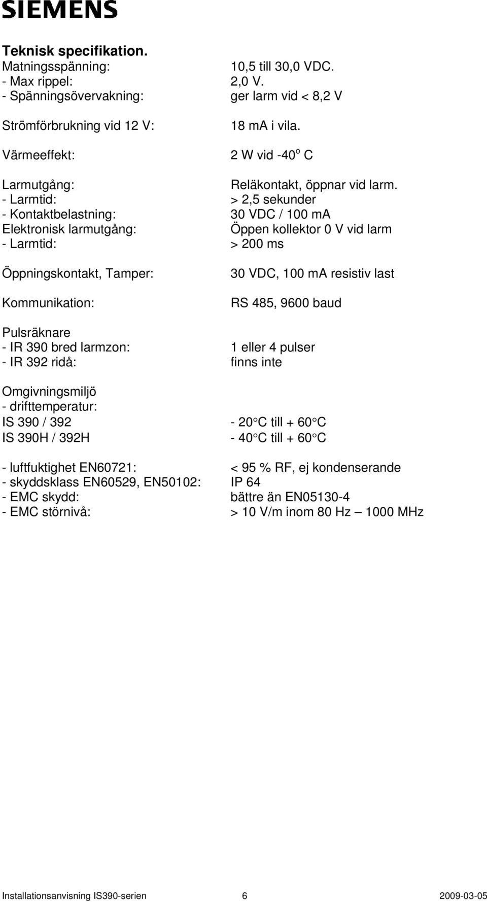 - Larmtid: > 2,5 sekunder - Kontaktbelastning: 30 VDC / 100 ma Elektronisk larmutgång: Öppen kollektor 0 V vid larm - Larmtid: > 200 ms Öppningskontakt, Tamper: Kommunikation: 30 VDC, 100 ma resistiv