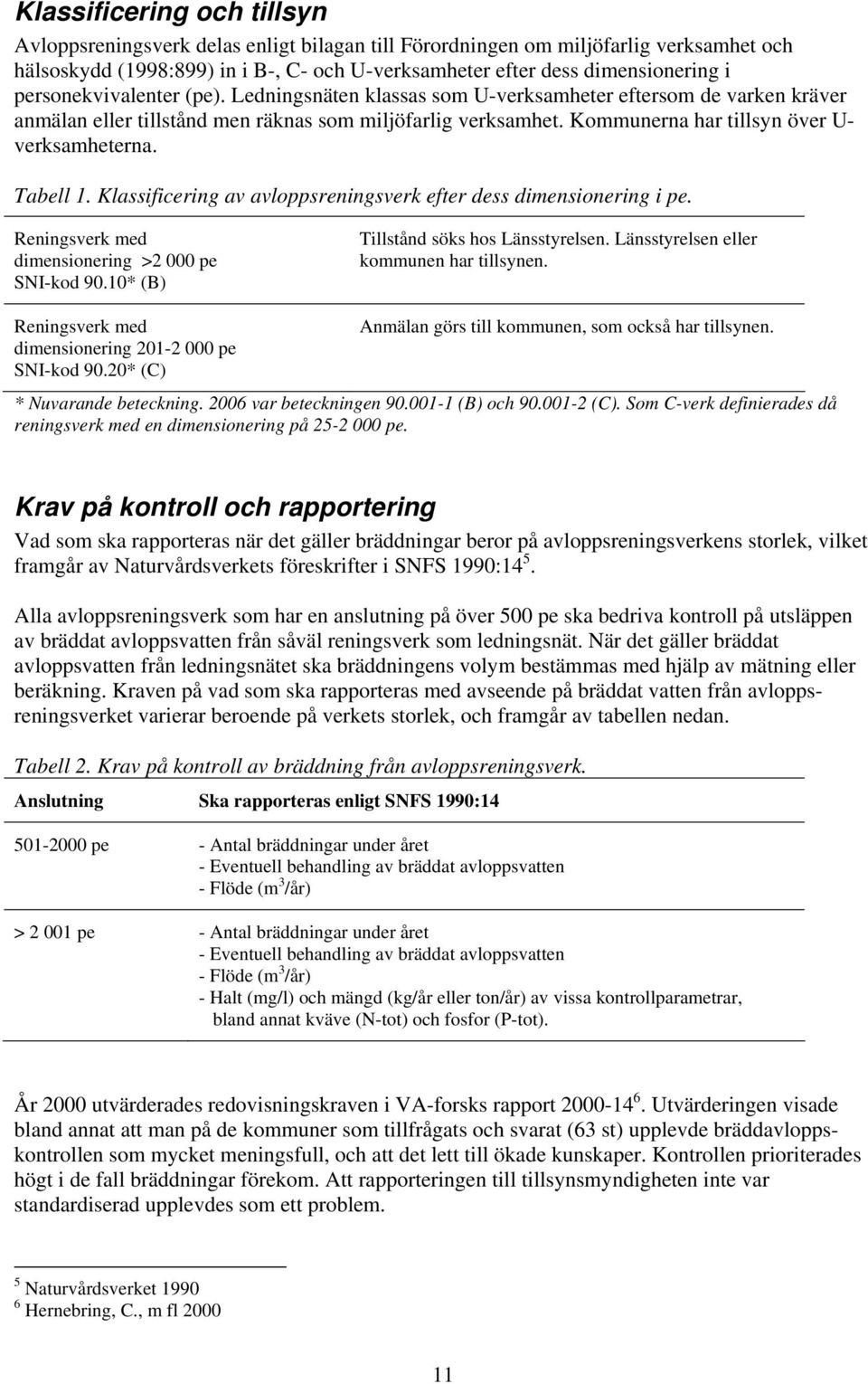 Kommunerna har tillsyn över U- verksamheterna. Tabell 1. Klassificering av avloppsreningsverk efter dess dimensionering i pe. Reningsverk med dimensionering >2 000 pe SNI-kod 90.