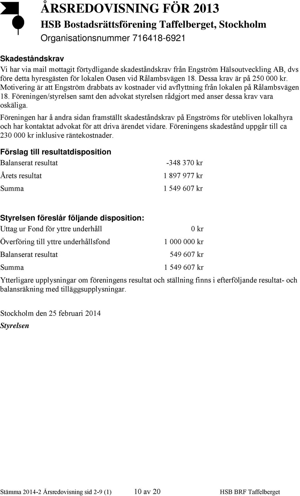 Motivering är att Engström drabbats av kostnader vid avflyttning från lokalen på Rålambsvägen 18. Föreningen/styrelsen samt den advokat styrelsen rådgjort med anser dessa krav vara oskäliga.