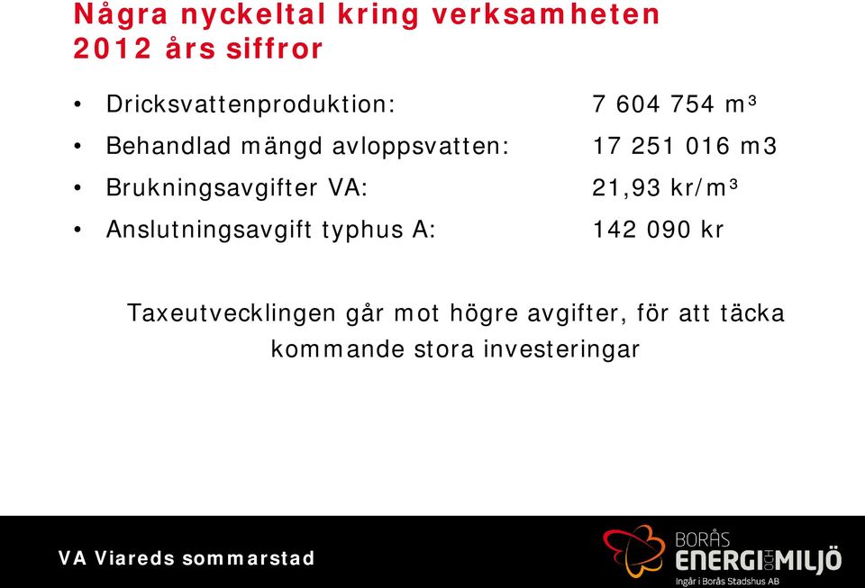 21,93 kr/m³ Anslutningsavgift typhus A: 142 090 kr Taxeutvecklingen går mot