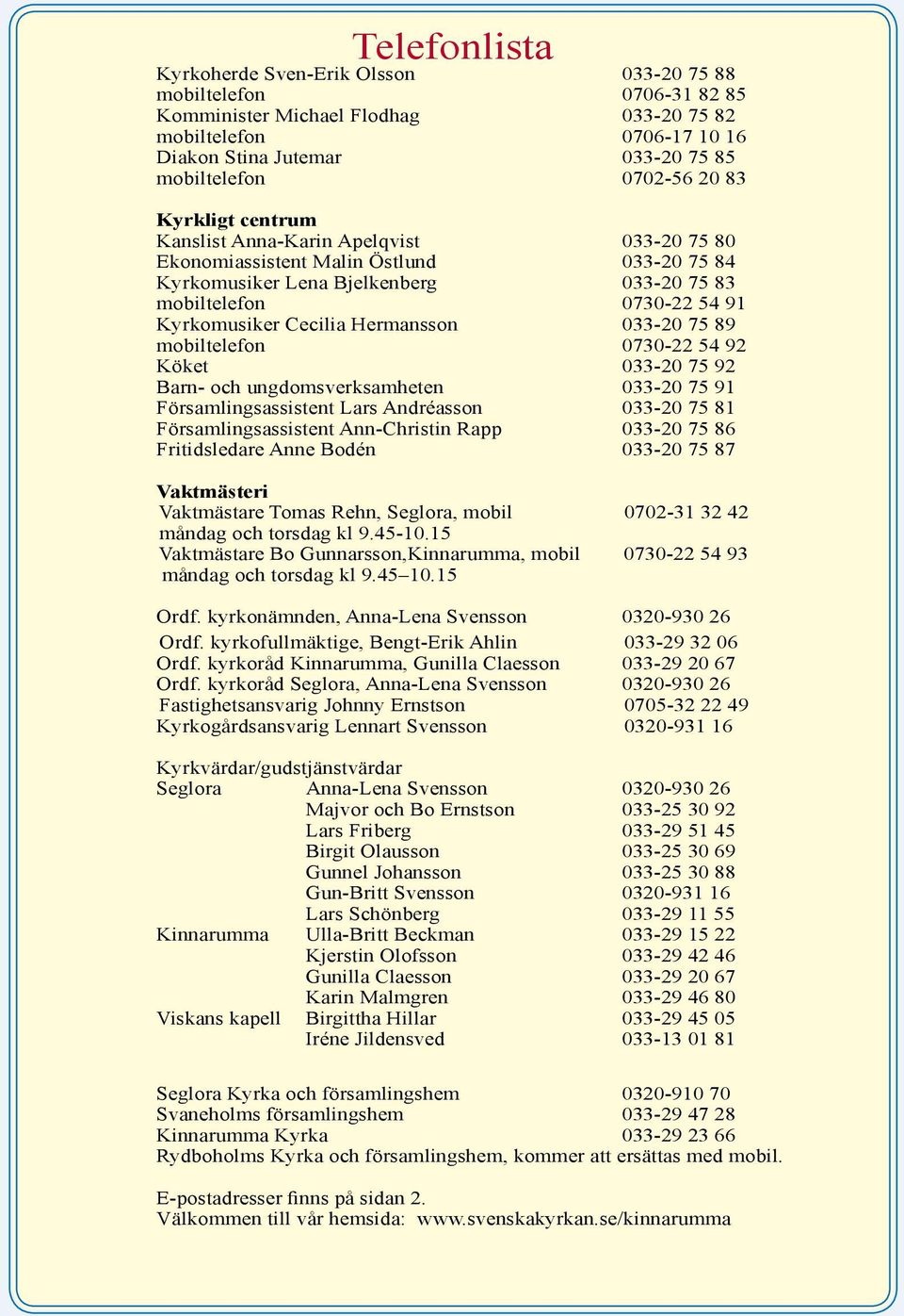 Kyrkomusiker Cecilia Hermansson 033-20 75 89 mobiltelefon 0730-22 54 92 Köket 033-20 75 92 Barn- och ungdomsverksamheten 033-20 75 91 Församlingsassistent Lars Andréasson 033-20 75 81