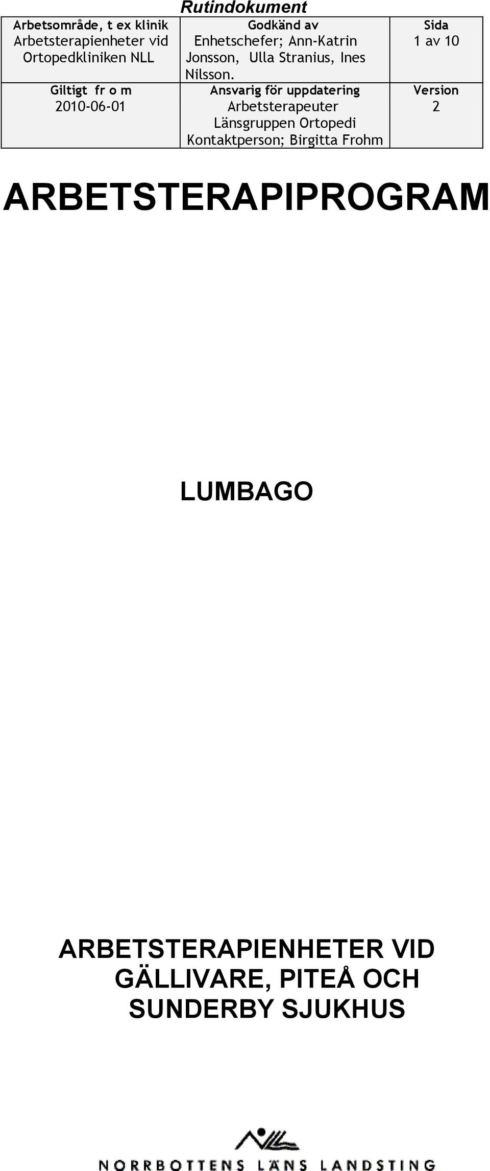 ARBETSTERAPIPROGRAM LUMBAGO