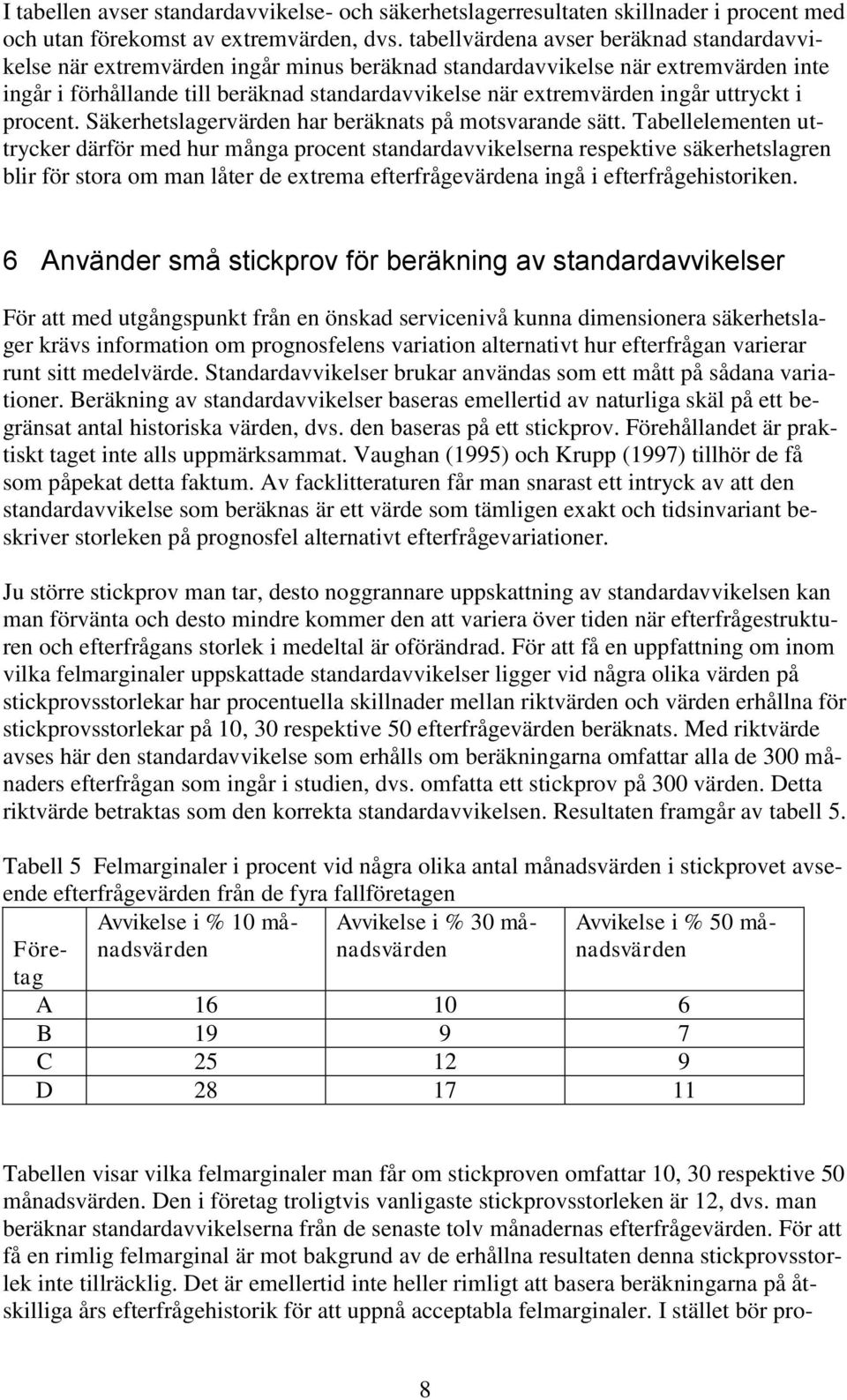 uttryckt i procent. Säkerhetslagervärden har beräknats på motsvarande sätt.