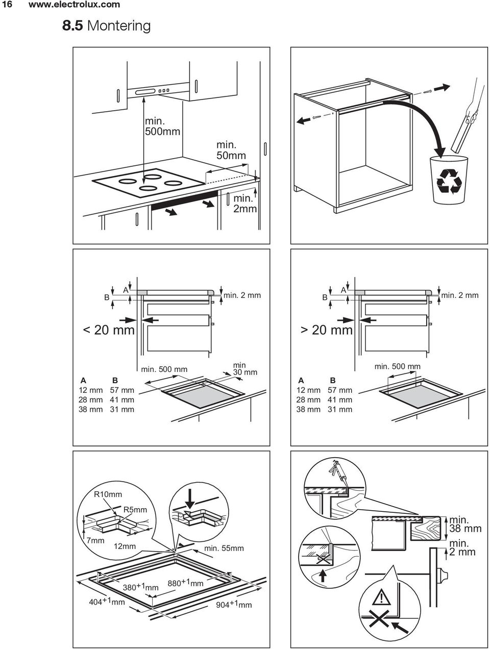 500 mm min 30 mm A 12 mm 28 mm 38 mm B 57 mm 41 mm 31 mm min.