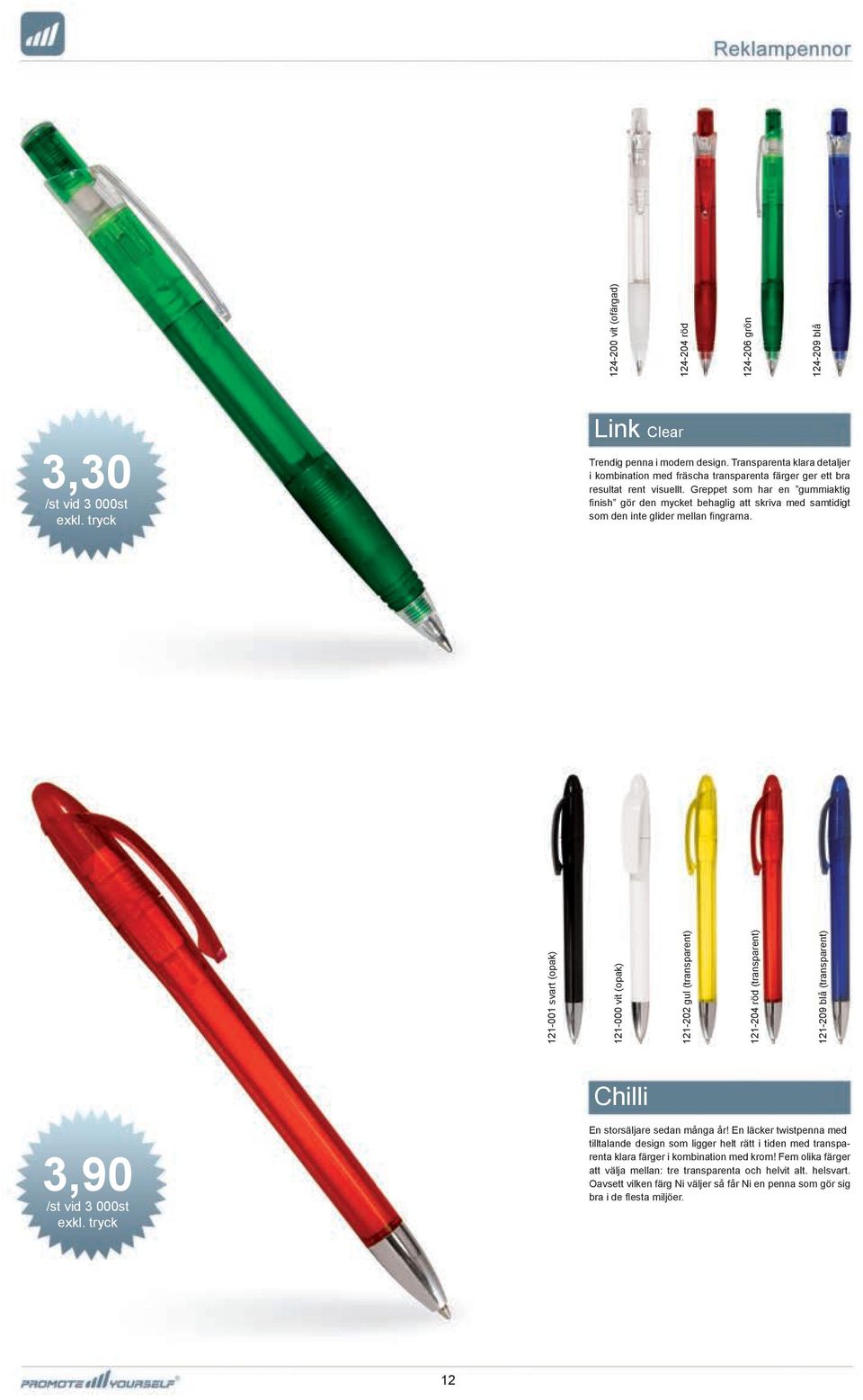 121-001 svart (opak) 121-000 vit (opak) 121-202 gul (transparent) 121-204 röd (transparent) 121-209 blå (transparent) 124-200 vit (ofärgad) 124-204 röd 124-206 grön 124-209 blå Chilli 3,90 En