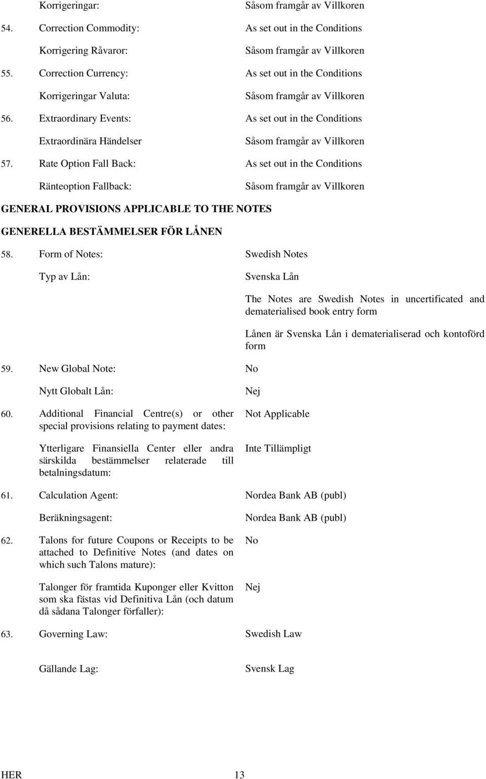 Rate Option Fall Back: As set out in the Conditions Ränteoption Fallback: Såsom framgår av GENERAL PROVISIONS APPLICABLE TO THE NOTES GENERELLA BESTÄMMELSER FÖR LÅNEN 58.