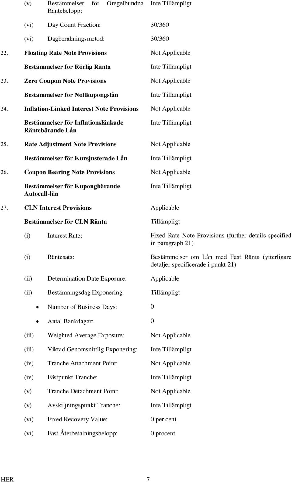 Rate Adjustment Note Provisions Not Applicable Bestämmelser för Kursjusterade Lån 26. Coupon Bearing Note Provisions Not Applicable Bestämmelser för Kupongbärande Autocall-lån 27.