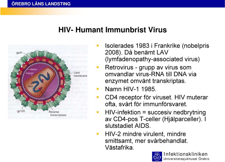 enzymet omvänt transkriptas. Namn HIV-1 1985. CD4 receptor för viruset. HIV muterar ofta, svårt för immunförsvaret.