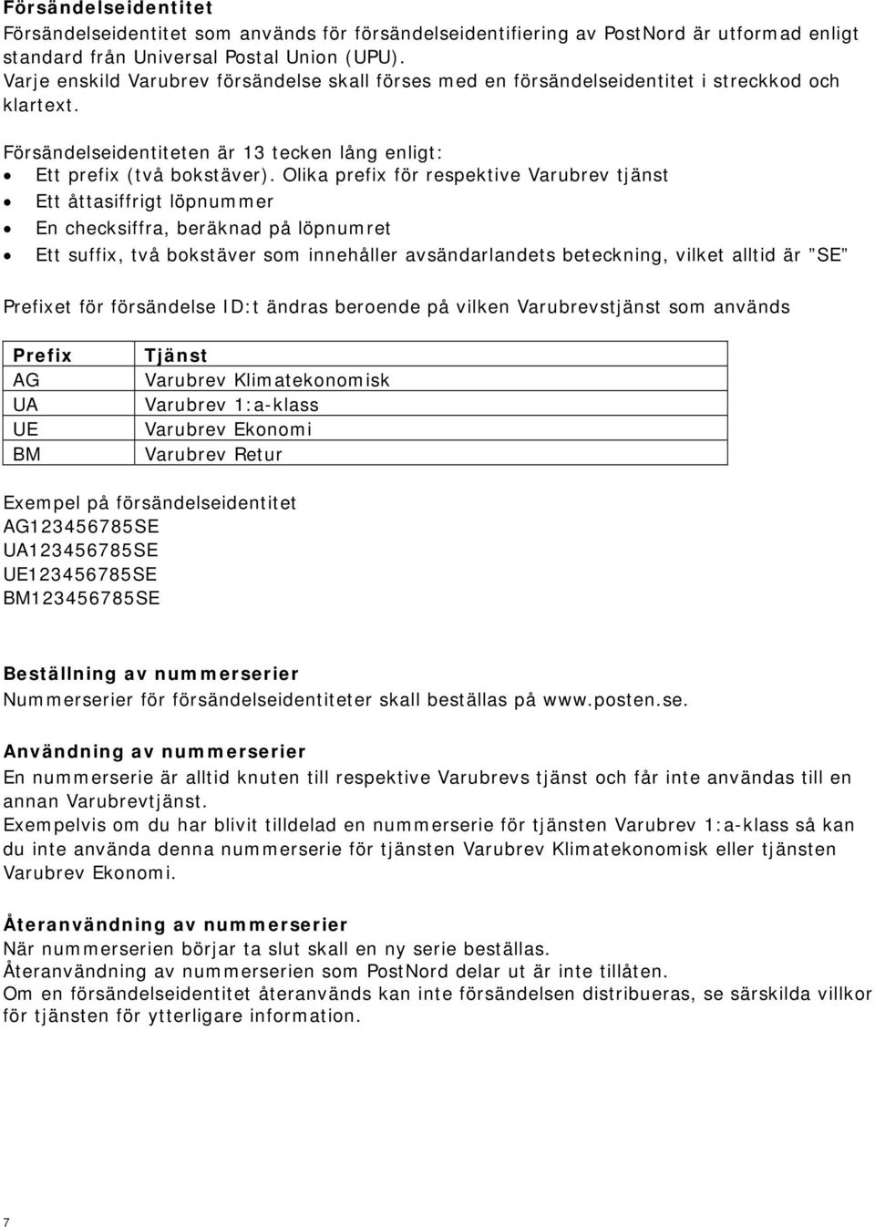 Olika prefix för respektive Varubrev tjänst Ett åttasiffrigt löpnummer En checksiffra, beräknad på löpnumret Ett suffix, två bokstäver som innehåller avsändarlandets beteckning, vilket alltid är SE