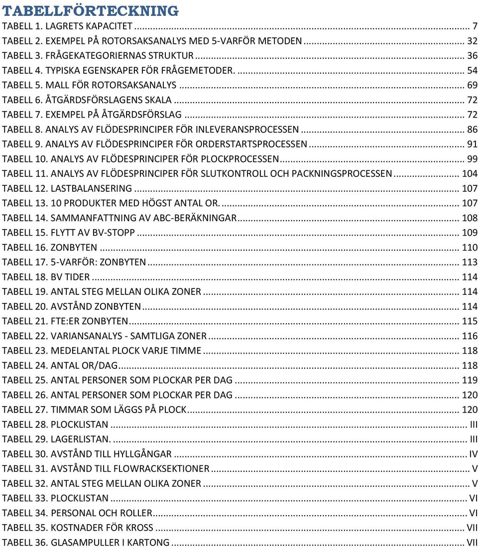 ANALYS AV FLÖDESPRINCIPER FÖR INLEVERANSPROCESSEN... 86 TABELL 9. ANALYS AV FLÖDESPRINCIPER FÖR ORDERSTARTSPROCESSEN... 91 TABELL 10. ANALYS AV FLÖDESPRINCIPER FÖR PLOCKPROCESSEN... 99 TABELL 11.