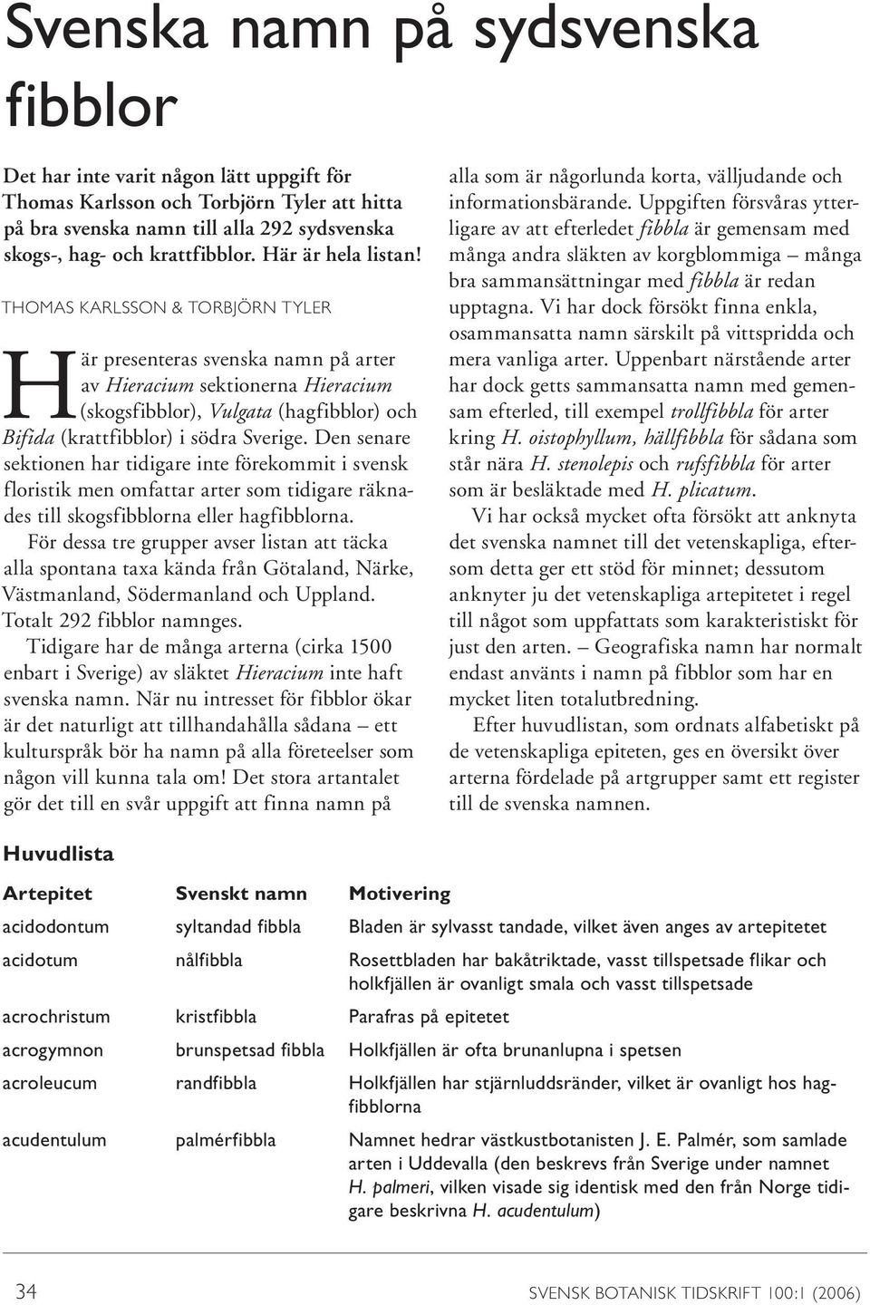 THOMAS KARLSSON & TORBJÖRN TYLER Här presenteras svenska namn på arter av Hieracium sektionerna Hieracium (skogsfibblor), Vulgata (hagfibblor) och Bifida (krattfibblor) i södra Sverige.