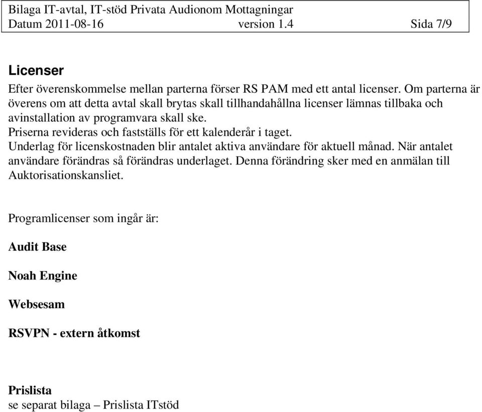 Priserna revideras och fastställs för ett kalenderår i taget. Underlag för licenskostnaden blir antalet aktiva användare för aktuell månad.