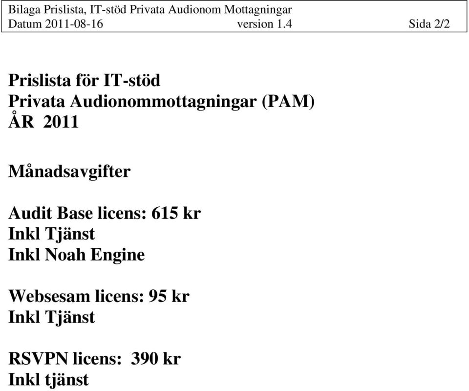 4 Sida 2/2 Prislista för IT-stöd Privata Audionommottagningar (PAM) ÅR