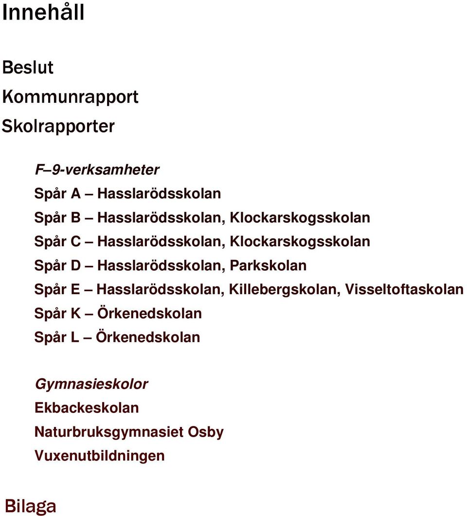 Hasslarödsskolan, Parkskolan Spår E Hasslarödsskolan, Killebergskolan, Visseltoftaskolan Spår K