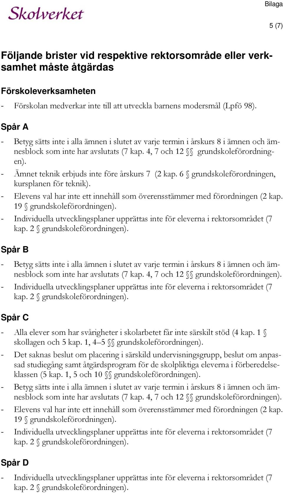 - Ämnet teknik erbjuds inte före årskurs 7 (2 kap. 6 grundskoleförordningen, kursplanen för teknik). - Elevens val har inte ett innehåll som överensstämmer med förordningen (2 kap.