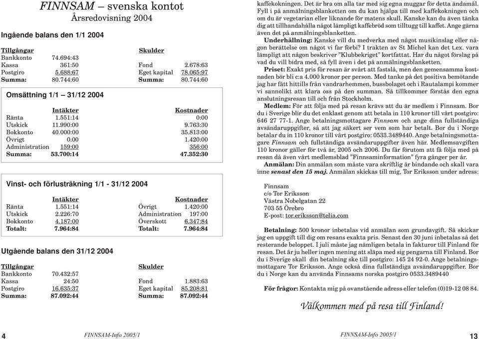 420:00 Administration 159:00 356:00 Summa: 53.700:14 47.352:30 Vinst- och förlusträkning 1/1-31/12 2004 Intäkter Kostnader Ränta 1.551:14 Övrigt 1.420:00 Utskick 2.