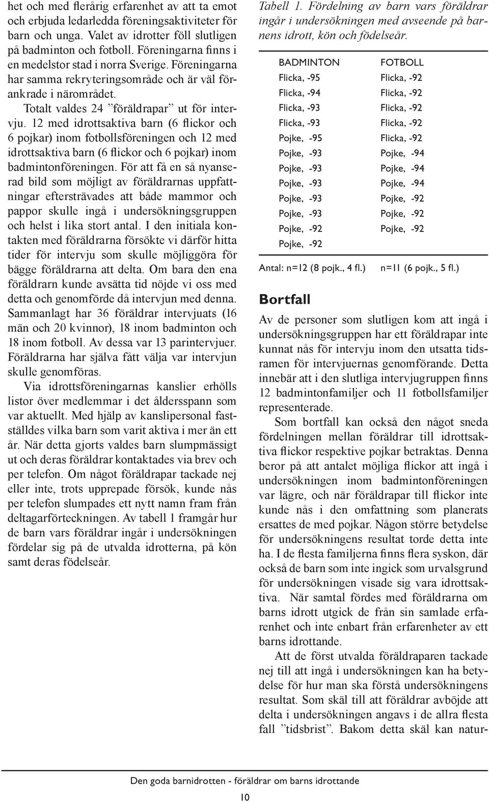 12 med idrottsaktiva barn (6 flickor och 6 pojkar) inom fotbollsföreningen och 12 med idrottsaktiva barn (6 flickor och 6 pojkar) inom badmintonföreningen.