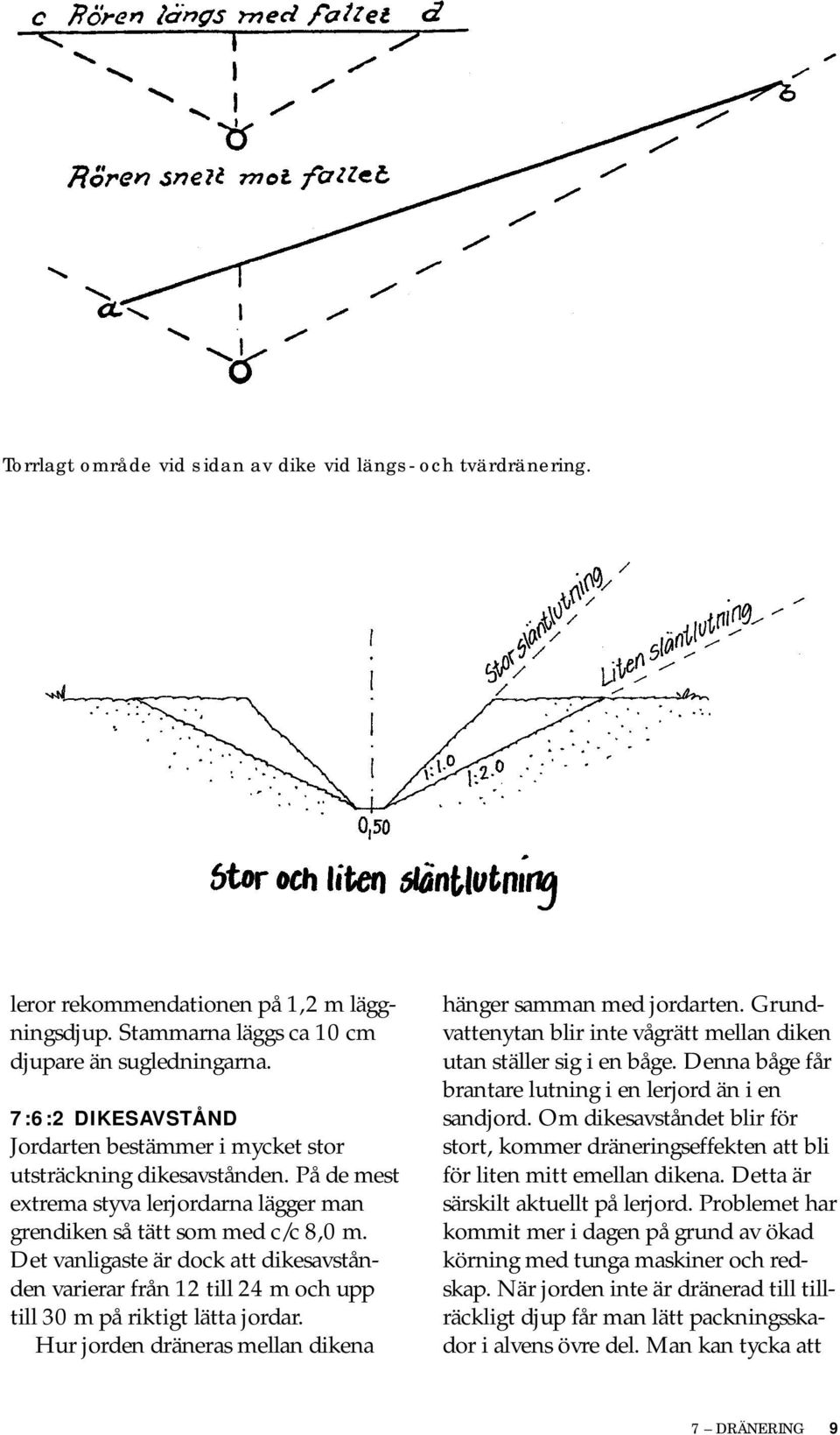 Det vanligaste är dock att dikesavstånden varierar från 12 till 24 m och upp till 30 m på riktigt lätta jordar. Hur jorden dräneras mellan dikena hänger samman med jordarten.