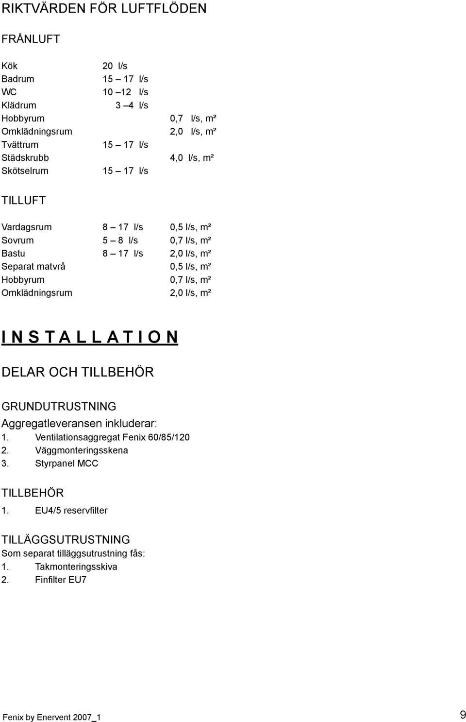 Omklädningsrum,0 l/s, m² I N S T A L L A T I O N DELAR OCH TILLBEHÖR GRUNDUTRUSTNING Aggregatleveransen inkluderar:. Ventilationsaggregat Fenix 60/85/0.