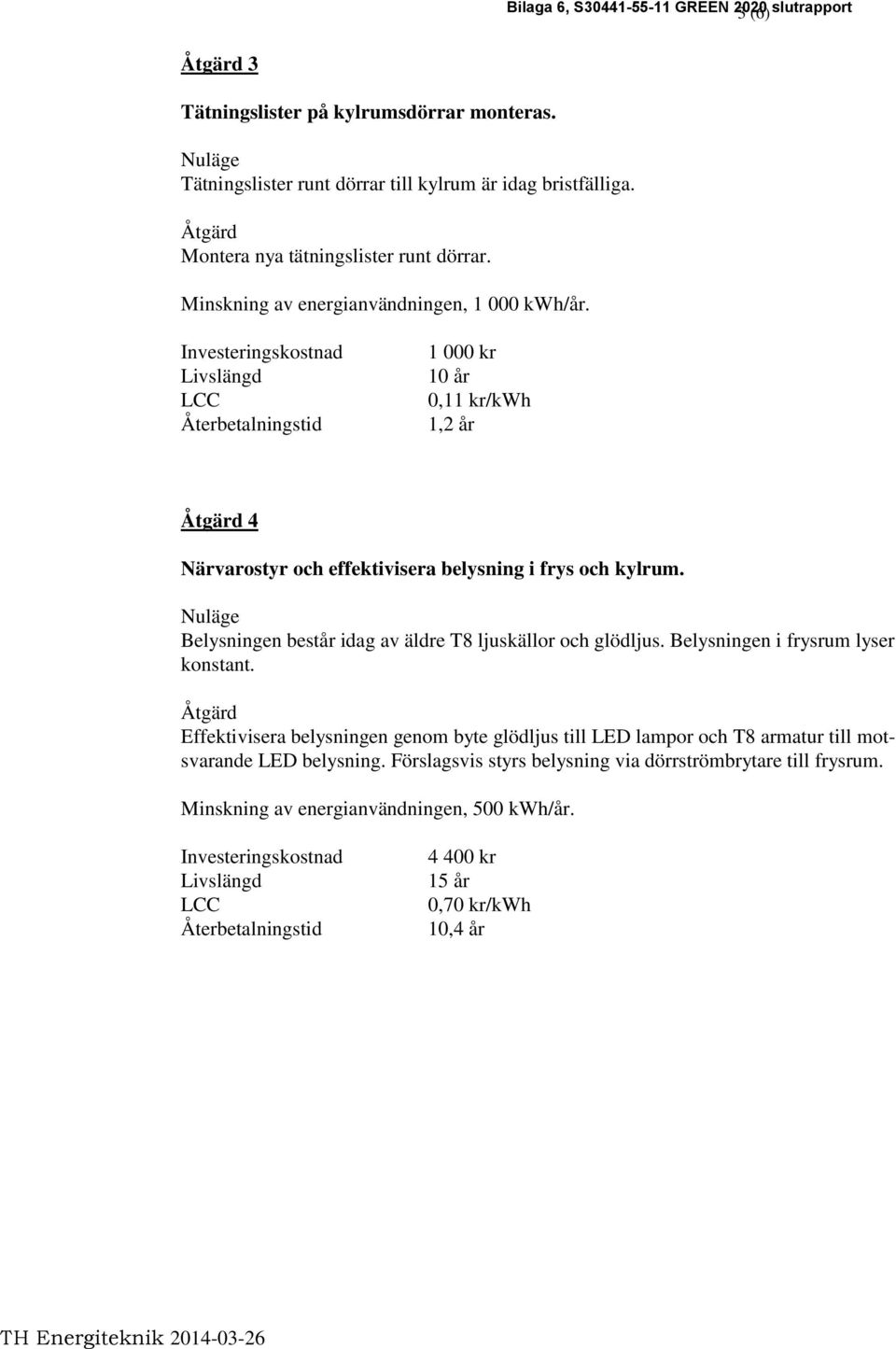 1 000 kr 10 år 0,11 kr/kwh 1,2 år 4 Närvarostyr och effektivisera belysning i frys och kylrum. Belysningen består idag av äldre T8 ljuskällor och glödljus.