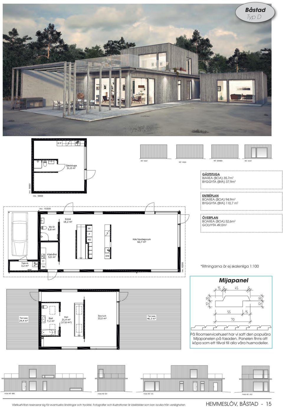 6200 *Ritningarna är ej skalenliga 1:100 Mijapanel Terrass 24,4 m² Bad 7,2 m² Hall 21,4 m² (17,6 m²) 22,0 m² Terrass 46,3 m² På Roomservicehuset har vi satt den populära Mijapanelen på