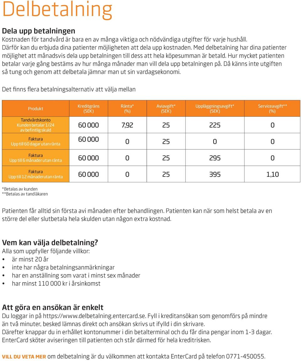 Hur mycket patienten betalar varje gång bestäms av hur många månader man vill dela upp betalningen på. Då känns inte utgiften så tung och genom att delbetala jämnar man ut sin vardagsekonomi.