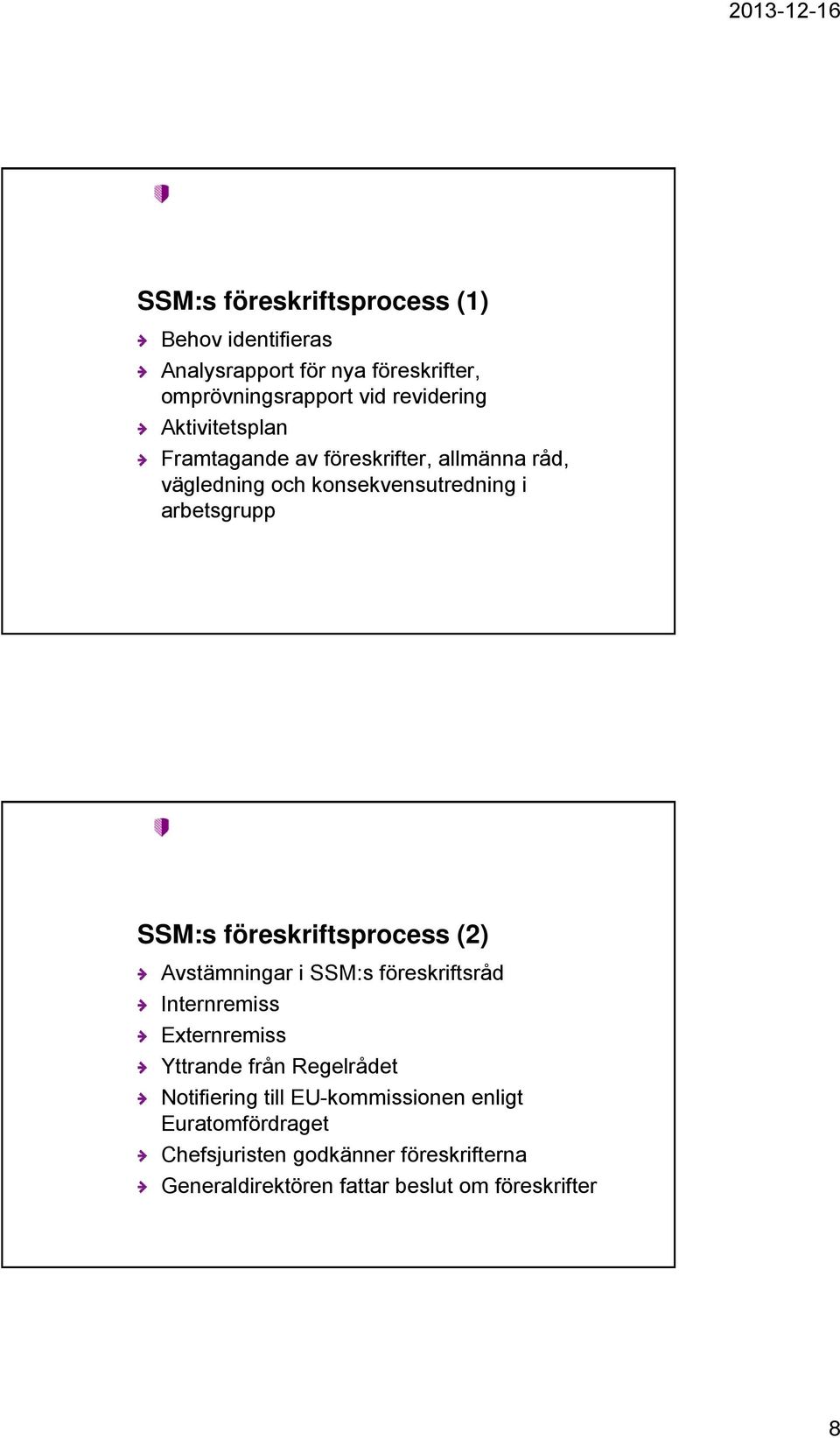 föreskriftsprocess (2) Avstämningar i SSM:s föreskriftsråd Internremiss Externremiss Yttrande från Regelrådet Notifiering