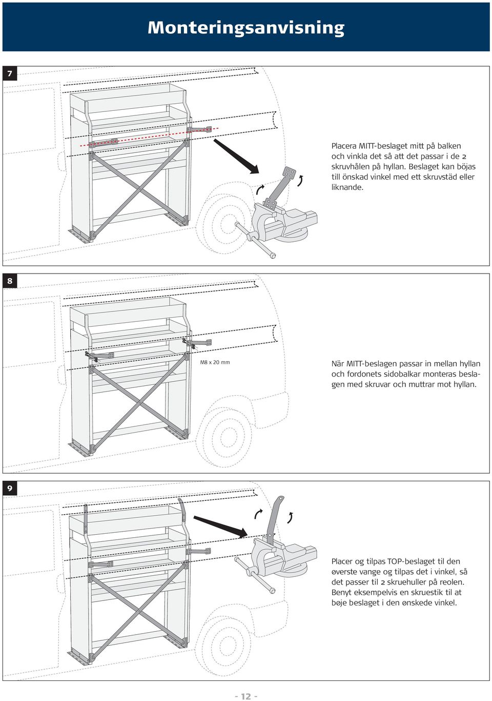 8 När MITT-beslagen passar in mellan hyllan och fordonets sidobalkar monteras beslagen med skruvar och muttrar mot hyllan.