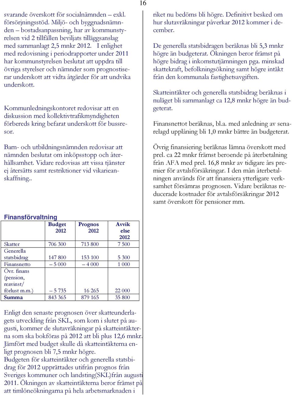 I enlighet med redovisning i periodrapporter under 2011 har kommunstyrelsen beslutat att uppdra till övriga styrelser och nämnder som prognostiserar underskott att vidta åtgärder för att undvika