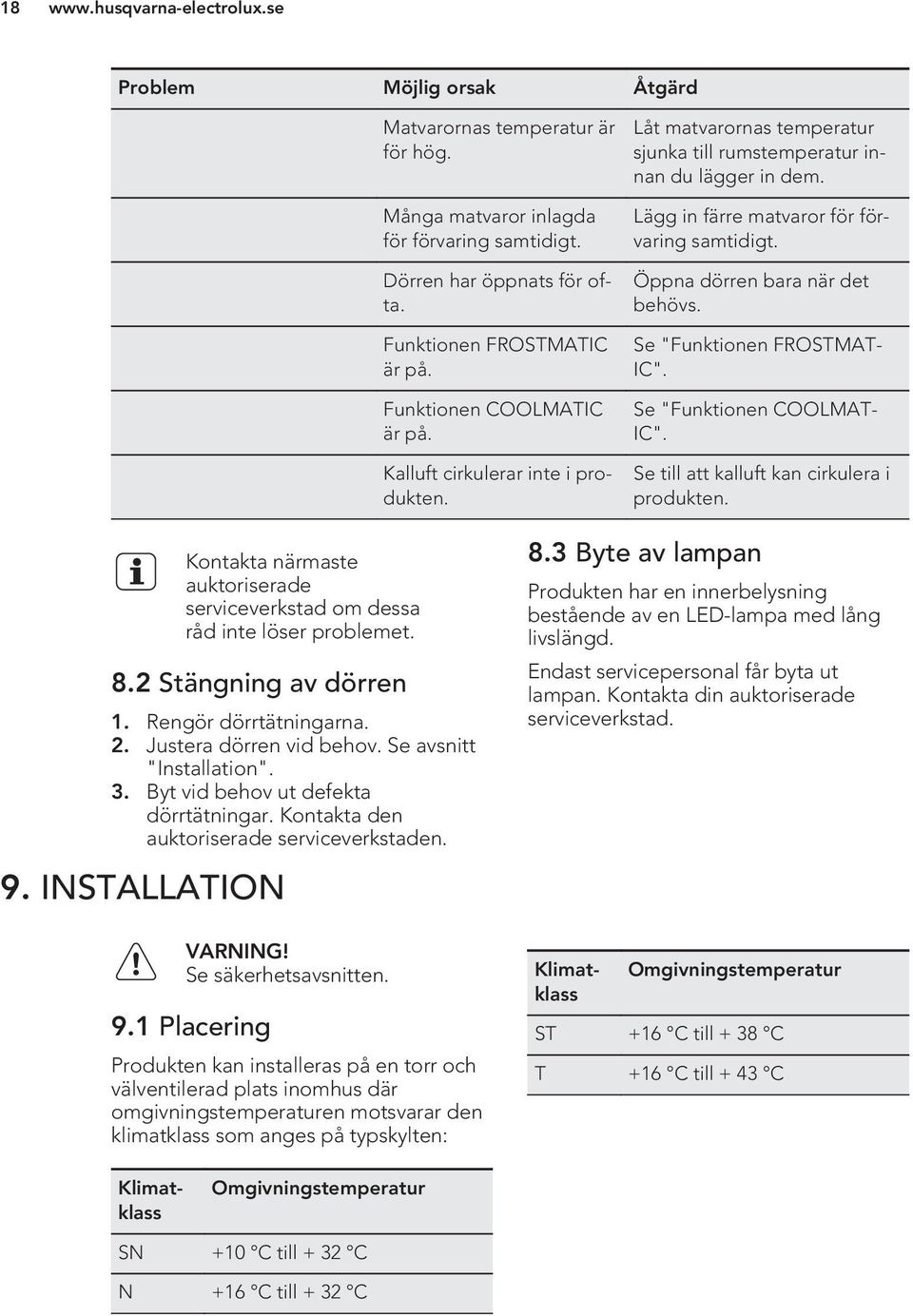 Se "Funktionen COOLMAT- IC". Se till att kalluft kan cirkulera i produkten. Kontakta närmaste auktoriserade serviceverkstad om dessa råd inte löser problemet. 8.2 Stängning av dörren 1.