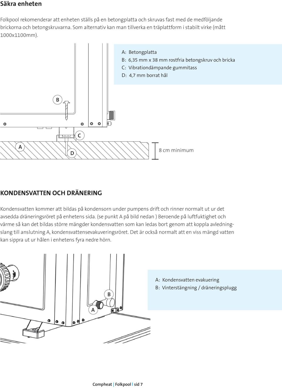 : Betongplatta B: 6,35 mm x 38 mm rostfria betongskruv och bricka C: Vibrationdämpande gummitass D: 4,7 mm borrat hål B C D 8 cm minimum KONDENSVTTEN OCH DRÄNERING Kondensvatten kommer att bildas på