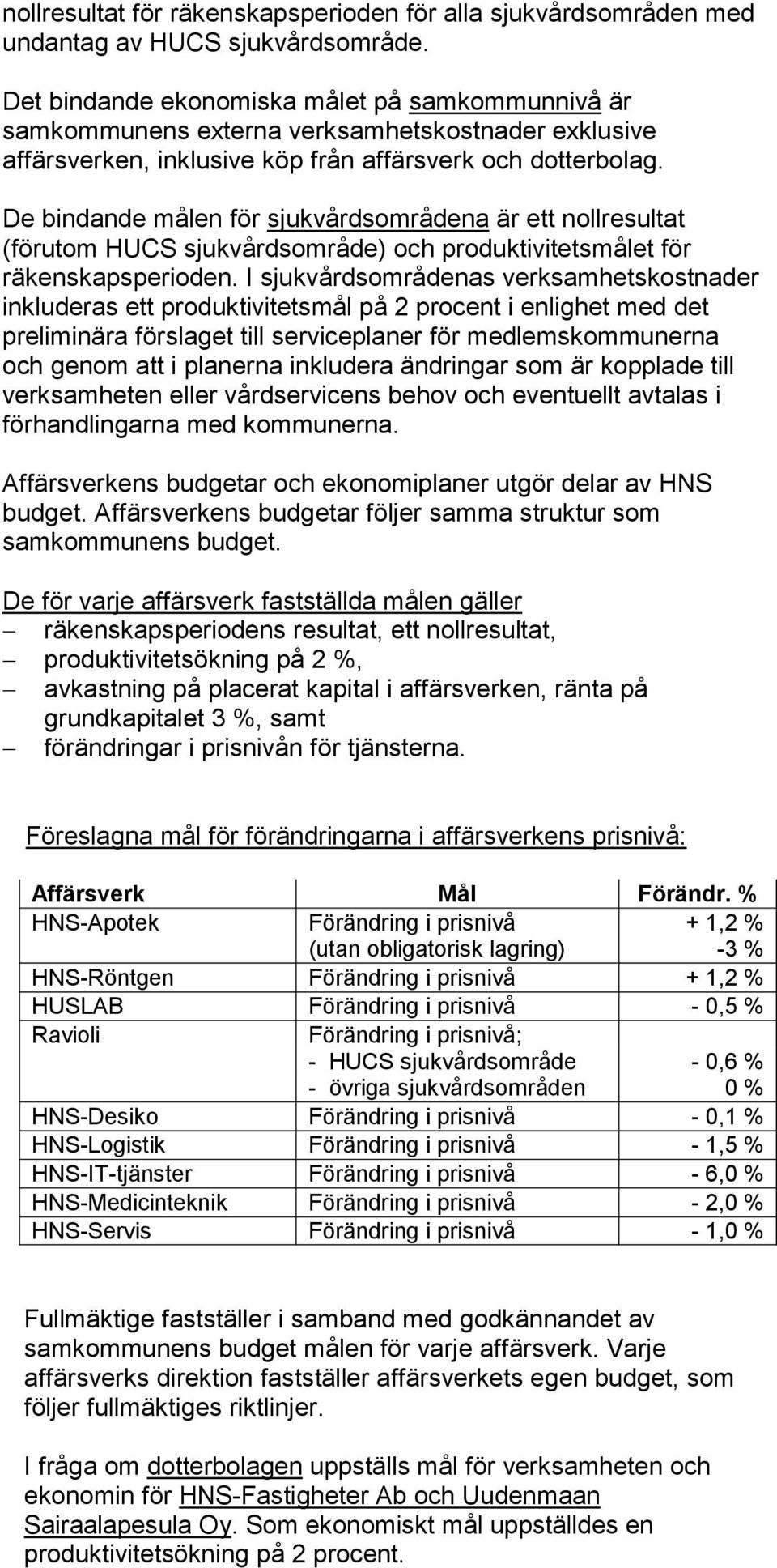 De bindande målen för sjukvårdsområdena är ett nollresultat (förutom HUCS sjukvårdsområde) och produktivitetsmålet för räkenskapsperioden.