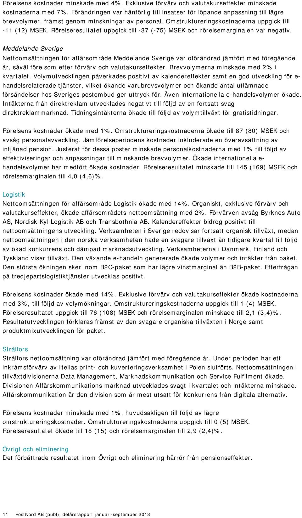 Rörelseresultatet uppgick till -37 (-75) MSEK och rörelsemarginalen var negativ.