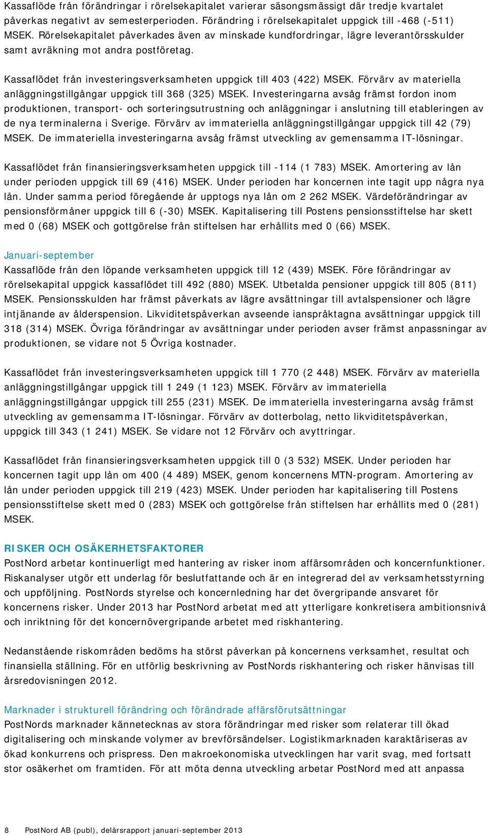 Förvärv av materiella anläggningstillgångar uppgick till 368 (325) MSEK.