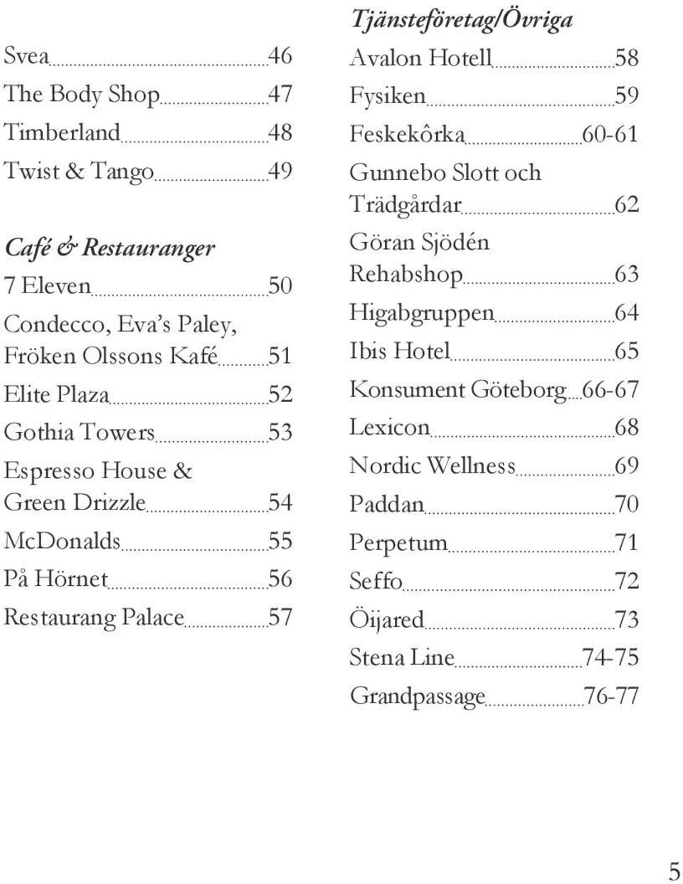 Tjänsteföretag/Övriga Avalon Hotell 58 Fysiken 59 Feskekôrka 60-61 Gunnebo Slott och Trädgårdar 62 Göran Sjödén Rehabshop 63