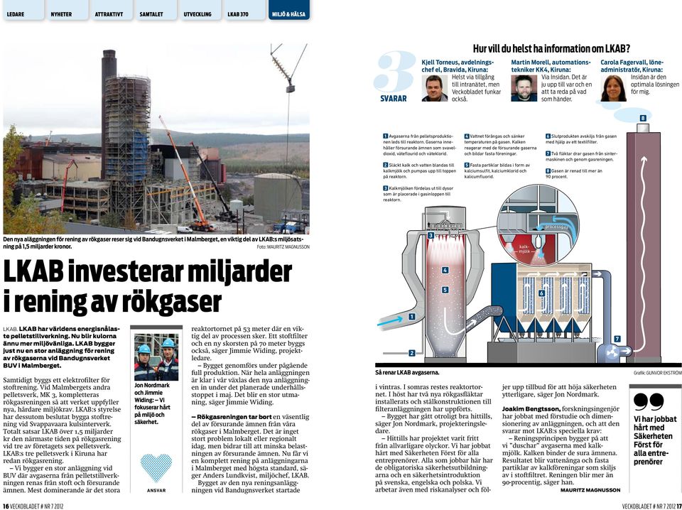 Carola Fagervall, löneadministratör, Kiruna: Insidan är den optimala lösningen för mig. 8 1 Avgaserna från pelletsproduktionen leds till reaktorn.