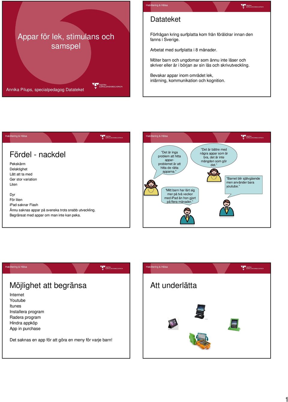 Annika Pilups, specialpedagog Datateket Fördel - nackdel Pekskärm Delaktighet Lätt att ta med Ger stor variation Liten Dyr För liten ipad saknar Flash Ännu saknas appar på svenska trots snabb