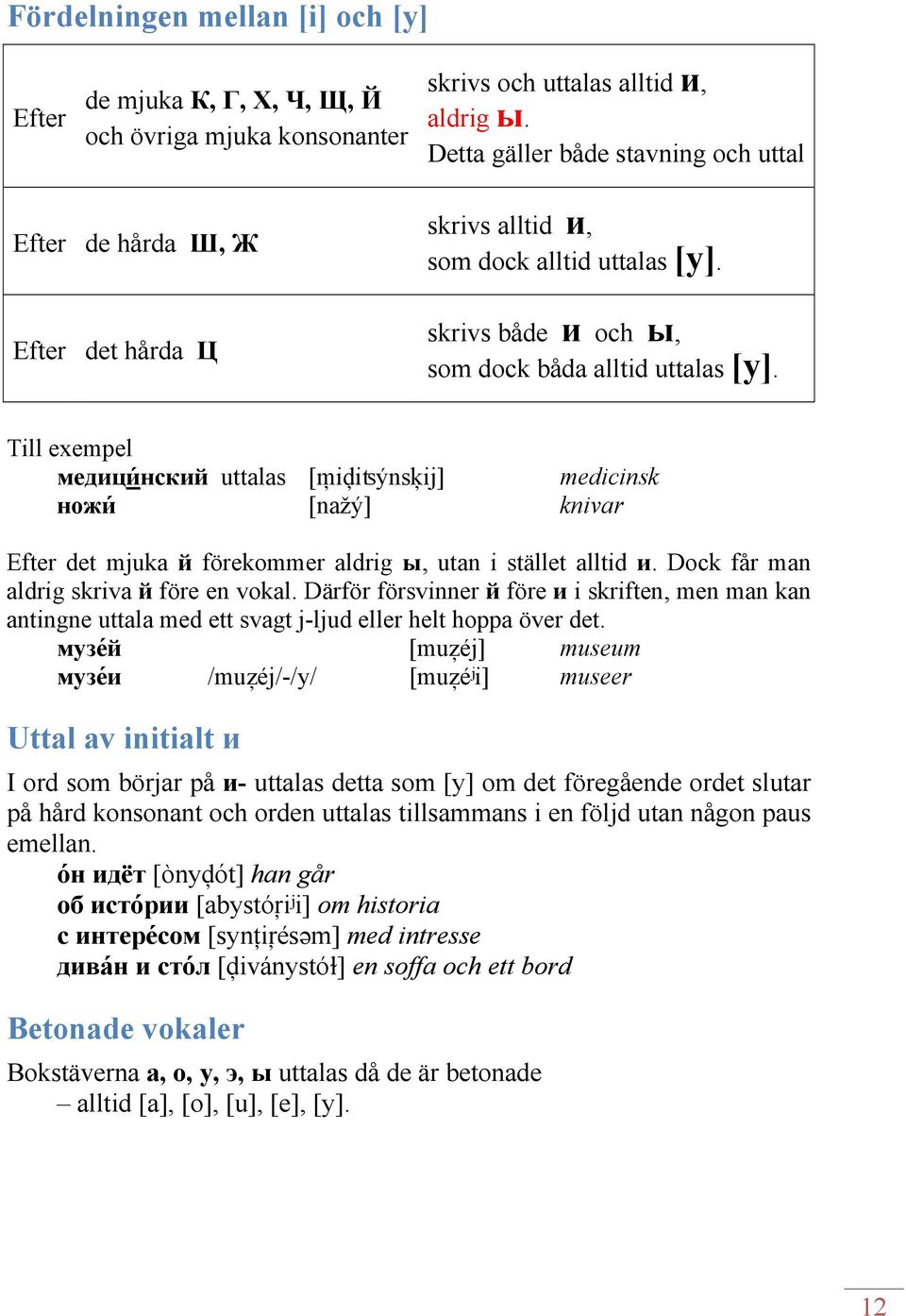 Till exempel медици нский uttalas [m id iʦýnsk ij] medicinsk ножи [nažý] knivar Efter det mjuka й förekommer aldrig ы, utan i stället alltid и. Dock får man aldrig skriva й före en vokal.