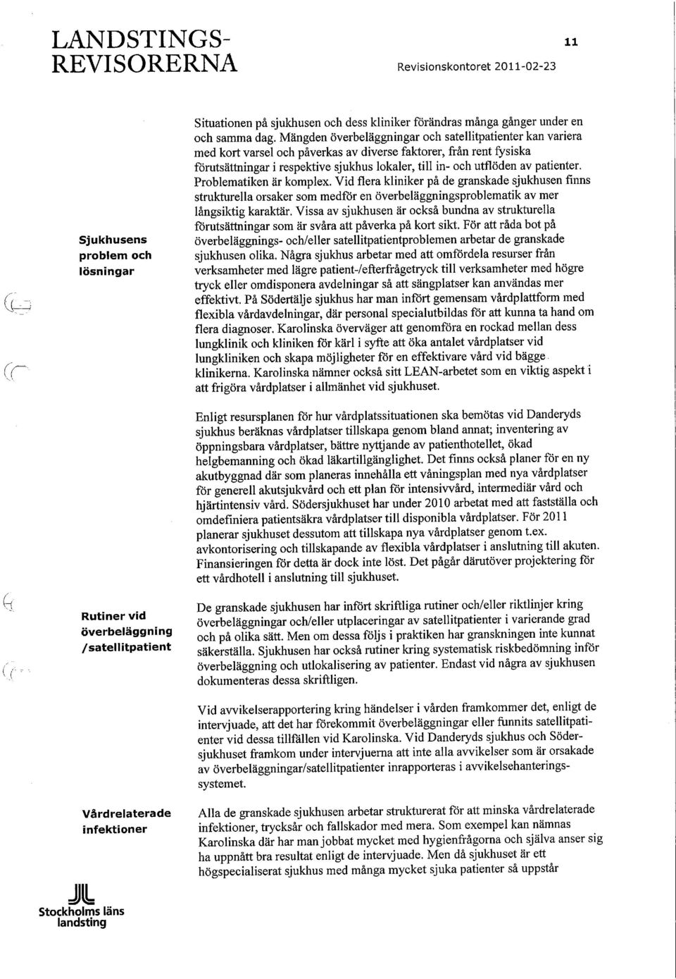 patienter. Problematiken är komplex. Vid flera kliniker på de granskade sjukhusen fmns strukturella orsaker som medför en överbeläggningsproblematik av mer långsiktig karaktär.