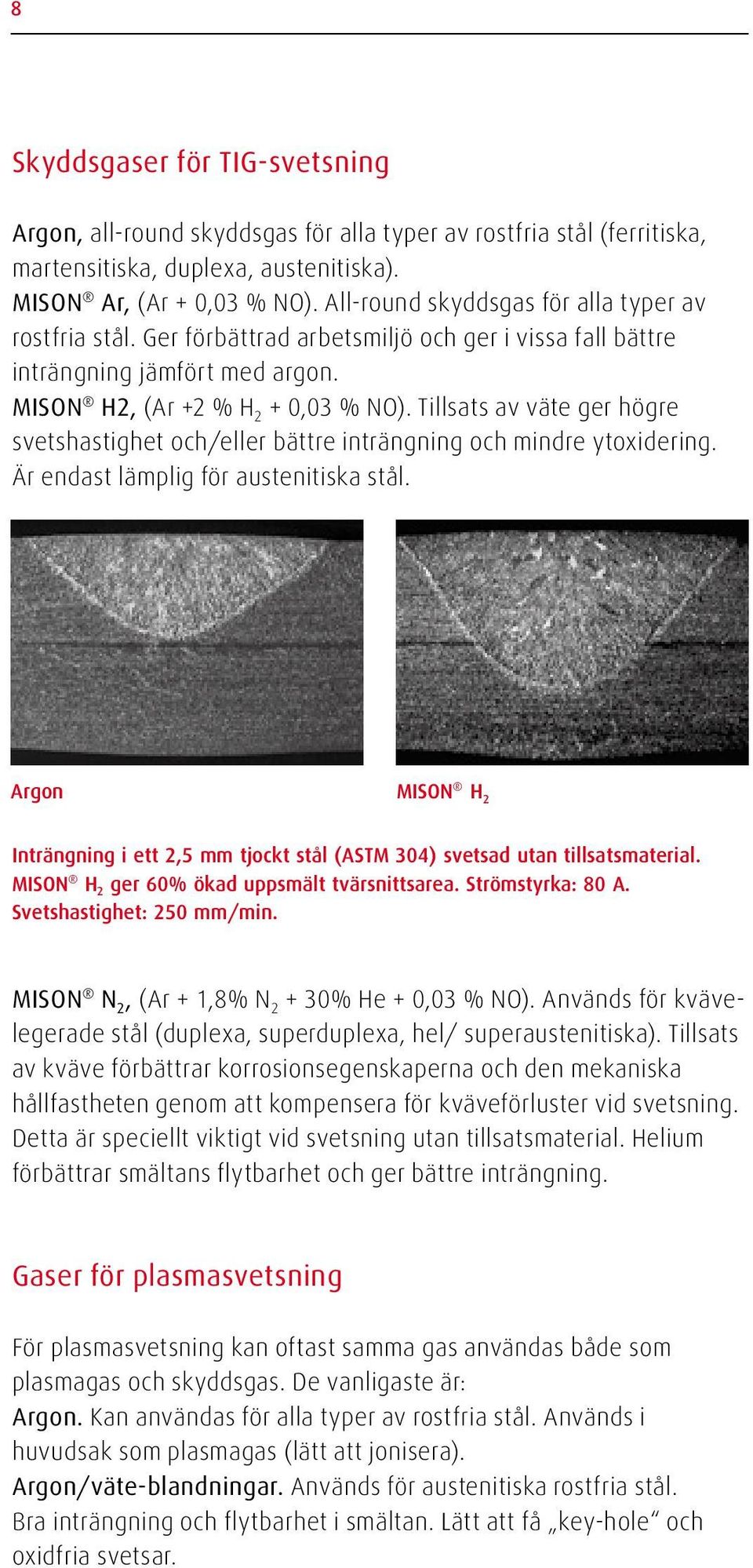 Tillsats av väte ger högre svetshastighet och/eller bättre inträngning och mindre ytoxidering. Är endast lämplig för austenitiska stål.