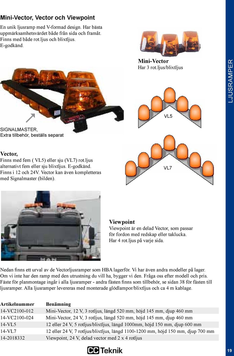 E-godkänd. Finns i 12 och 24V. Vector kan även kompletteras med Signalmaster (bilden). VL7 Viewpoint Viewpoint är en delad Vector, som passar för fordon med redskap eller taklucka. Har 4 rot.