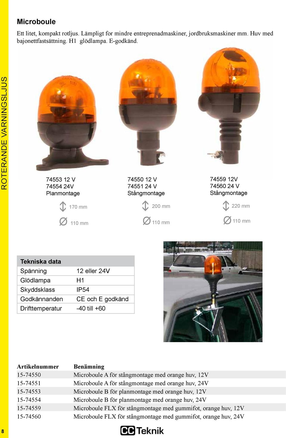 eller 24V Glödlampa H1 Skyddsklass IP54 Godkännanden CE och E godkänd Drifttemperatur -40 till +60 15-74550 Microboule A för stångmontage med orange huv, 12V 15-74551 Microboule A för stångmontage