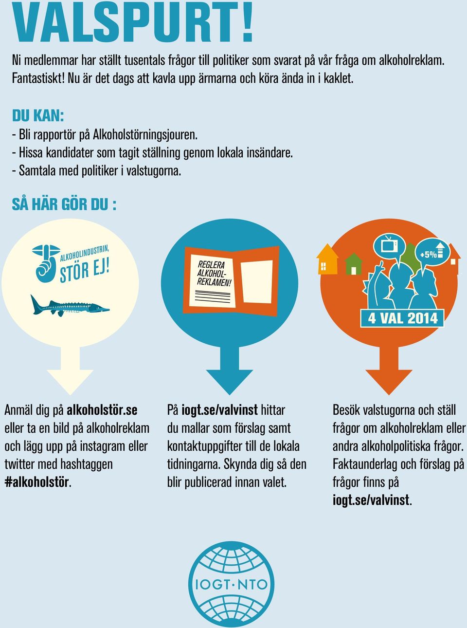 +5% 4 VAL 2014 Anmäl dig på alkoholstör.se eller ta en bild på alkoholreklam och lägg upp på instagram eller twitter med hashtaggen #alkoholstör. På iogt.