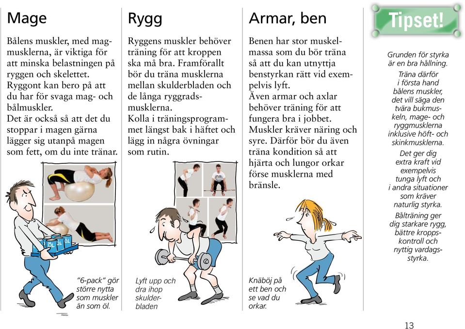 Framförallt bör du träna musklerna mellan skulderbladen och de långa ryggradsmusklerna. Kolla i träningsprogrammet längst bak i häftet och lägg in några övningar som rutin.